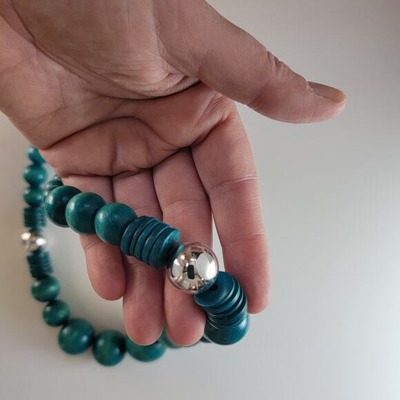 Vintage 1970s Teal Wooden Bead Necklace 27 Inch Chunky Boho Statement Jewelry - Picture 7 of 9